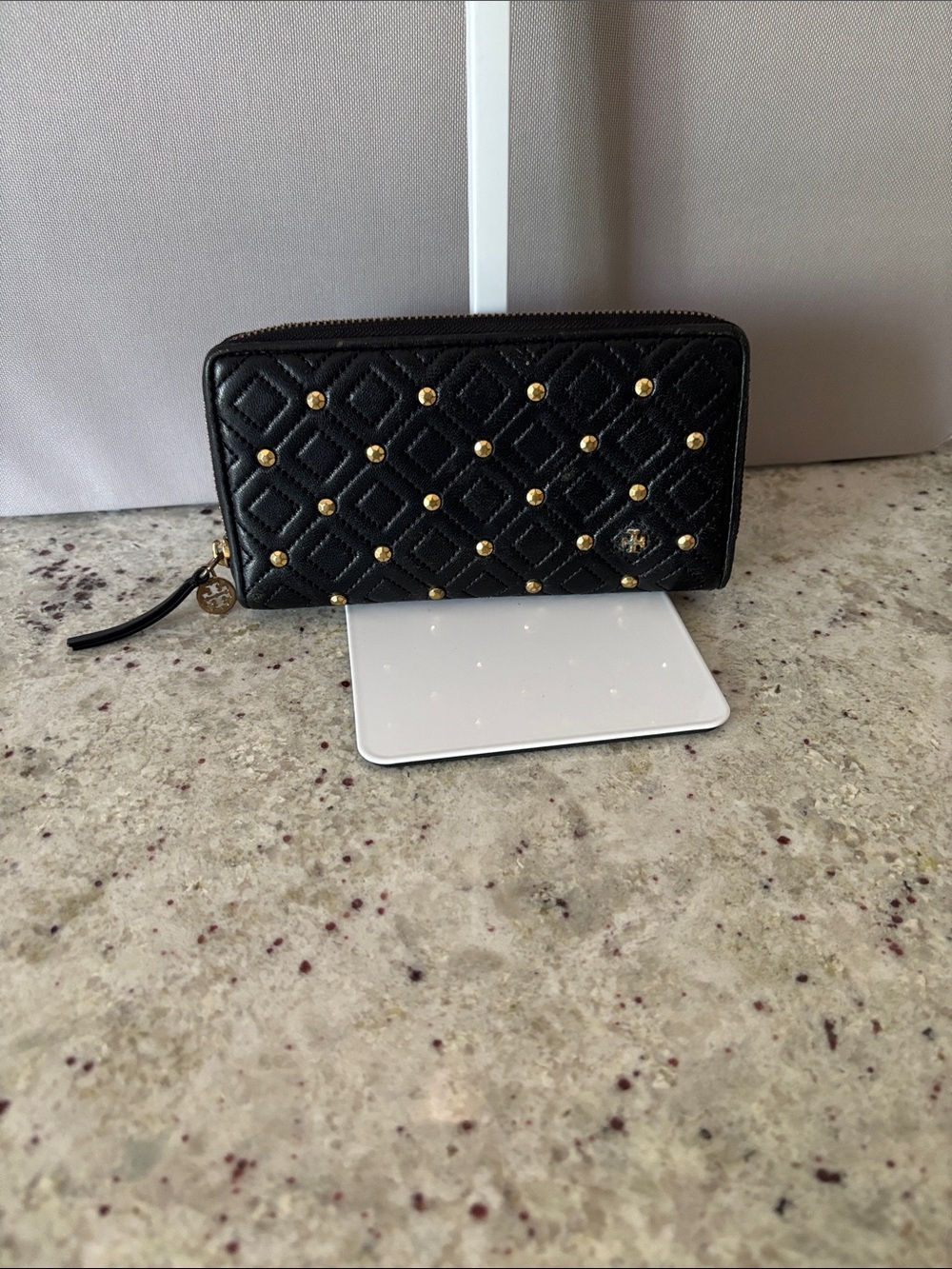Tory Burch Black Quilted Zip Wallet with Gold Studs